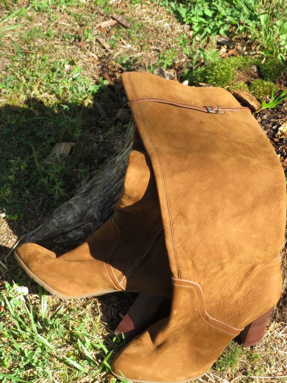 Antonio Melani Tan Suede Leather Tall Boots 10M – Stacked Heel, Buckle Detail,
